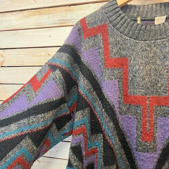 Vintage 90s Grandpa Sweater Southwestern Geometric Knit Oversized USA Made XL